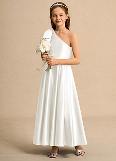 Azazie Guppy Junior Formal vestidos de niña de las flores Vestido de Marfil de Satin Mate de Corte En A con Hombro unilateral image5