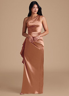 Azazie Latrice Bridesmaid Dresses Bronzer Sheath One Shoulder Metallic Satin Dress image6