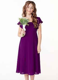 Azazie Bondi Junior A라인 셔링 쉬폰 티 길이 주니어 신부 들러리 드레스 image4