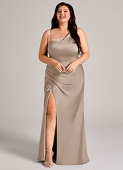 Azazie Madelyn Bridesmaid Dresses Taupe Mermaid One Shoulder Stretch Satin Convertible Dress image14