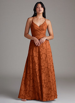 Azazie Davis Bridesmaid Dresses Burnt Orange A-Line Pleated Floral Burnout Dress image3
