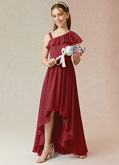 Azazie Mango Junior A-Linie Gestreift Chiffon Kleid Granatapfelrot image2