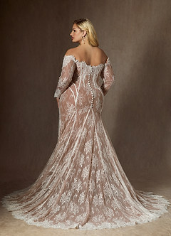 Azazie Katherine Wedding Dresses Diamond White Mocha Mermaid Off the Shoulder Tulle Dress image9