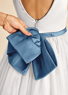 Azazie Seline Flower Girl Dresses Ivory Steel Blue A-Line Bow Tulle Dress image3