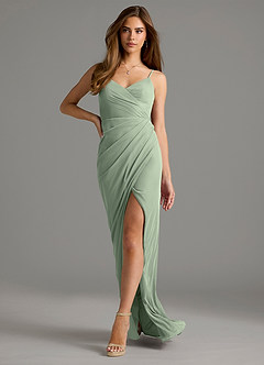 Azazie Maci Bridesmaid Dresses Dusty Sage Sheath Pleated Mesh Dress image6