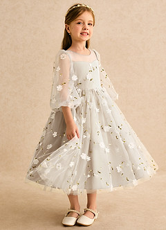 Azazie Elowen Robe Demoiselle D'honneur Fillette Robe Trapèze en Dentelle Encolure en Forme de Cœur Champagne image4