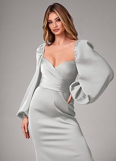 Azazie Sonata Bridesmaid Dresses Silver Sheath Long Sleeve Stretch Satin Convertible Dress image6