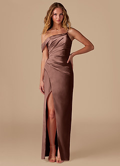Azazie Lia Bridesmaid Dresses Espresso Sheath Off the Shoulder Metallic Satin Dress image1