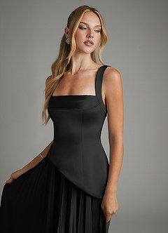Azazie Stephanie Vestidos de damas de honor Vestido Negro de Satén Elástico de Línea A con Corsé image3