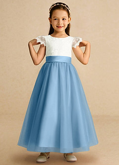 Azazie Pookie Flower Girl Dresses Steel Blue A-Line Lace Tulle Dress image3
