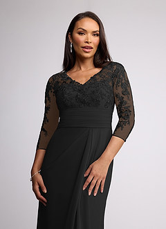 Azazie Joan Mother of the Bride Dresses Black Sheath V-Neck Lace Chiffon Dress image3