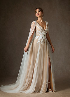 Azazie Goddess Wedding Dresses Diamond White Sand A-Line V-Neck Sequins Tulle Dress image5