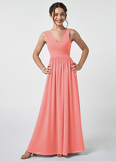 Azazie Keyla Junior Coral A-Line Pleated Chiffon Dress image1