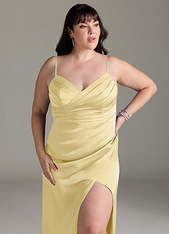 Azazie Yola Bridesmaid Dresses Lemon Sorbet Sheath V-Neck Pleated Stretch Satin Convertible Dress image14