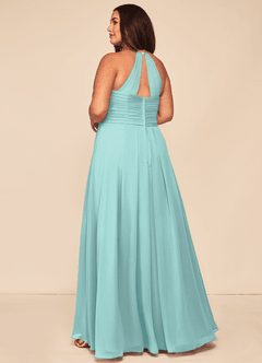 Azazie Ginger Bridesmaid Dresses Aqua A-Line Halter Pleated Chiffon Dress image10