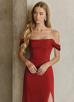 Azazie Saige Bridesmaid Dresses Pomegranate Sheath Off the Shoulder Stretch Satin Dress image2