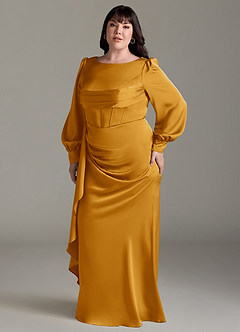 Azazie Raye Robes de demoiselle d'honneur Robe Sirène en Satin extensible Manche longue Caramel écossais image10