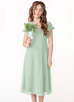 Azazie Bondi Junior Agave A-Line Ruched Chiffon Dress image4