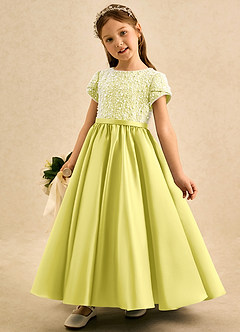 Azazie Cashew Flower Girl Dresses Canary Ball-Gown with Sleeves Matte Satin Dress image3