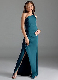 Azazie Eren Junior Ink Blue Sheath Pleated Stretch Satin Dress image3