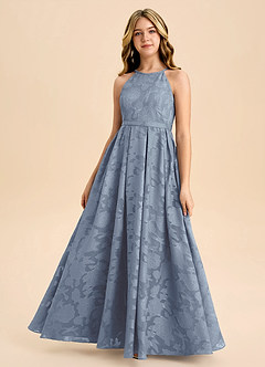 Azazie Arianthe Junior Dusty Blue A-Line Pleated Floral Burnout Dress image2