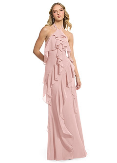 Azazie Velma Abiti da Damigella Abito A-Line in Chiffon Spacco laterale Rosa Cipria image3