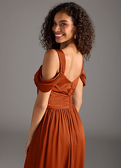Azazie Lianne Bridesmaid Dresses Burnt Orange A-Line Off the Shoulder Stretch Satin Dress image7