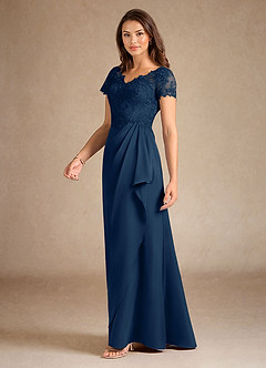 Azazie Santa Ana Mother of the Bride Dresses Dark Navy A-Line Lace Stretch Satin Dress image2