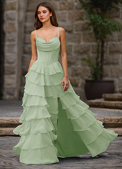 Floralace Light Green Ruffled A-line Prom Dress image3