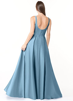 Azazie Neve Jurken voor bruidsmeisjes Jurk van Stretch Satijn met Baljurk met Zakken Staal Blauw image2