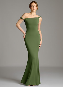 Azazie Shantal Bridesmaid Dresses Olive Mermaid Off the Shoulder Premium Stretch Jersey Dress image1