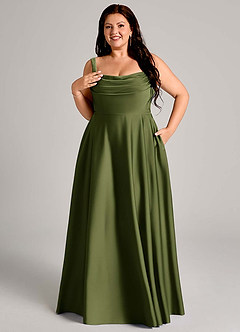 Azazie Shaude Bridesmaid Dresses Olive A-Line Pleated Stretch Satin Dress image11