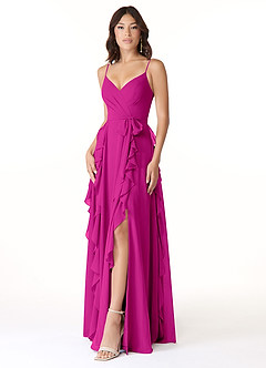 Azazie Peyton Brautjungfernkleider A-Linie Gestreift Chiffon Kleid Fuchsia image1