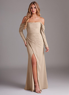 Azazie Hallie Brautjungfernkleider Meerjungfrau-Linie Langarm Chiffon Kleid Taupe image1