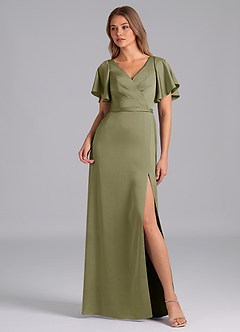 Azazie Ambrosia Robes de demoiselle d'honneur Robe Trapèze en Satin extensible Plissée Pistache image1