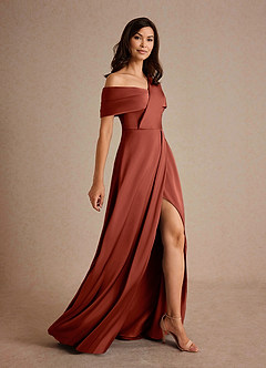 Azazie Milton Mother of the Bride Dresses Terracotta A-Line Pleated Stretch Satin Dress image2