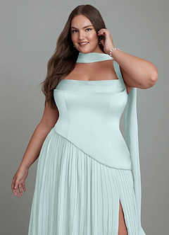 Azazie Stephanie Vestidos de damas de honor Vestido Vidrio Marino de Satén Elástico de Línea A con Plisado image13