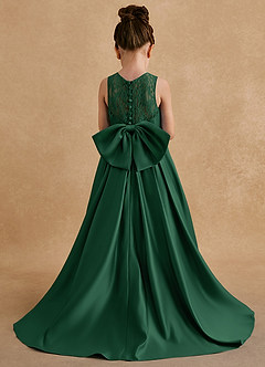Azazie Sammy vestidos de niña de las flores Vestido de Verde Oscuro de Satin Mate de Corte En A con Encaje image3