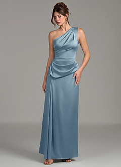 Azazie Zahira Bridesmaid Dresses Dusty Blue Sheath One Shoulder Stretch Satin Dress image5