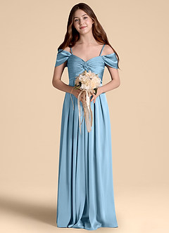 Azazie Kaitlynn Junior Abito A-Line in Raso Elasticizzato a Spalla Scoperta Blu Acciaio image4