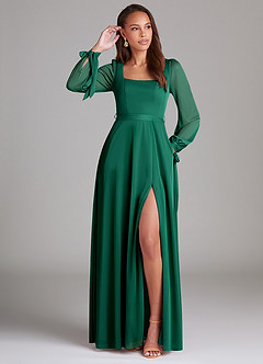 Azazie Leonia Bridesmaid Dresses Emerald A-Line Long Sleeve Mesh Dress image1