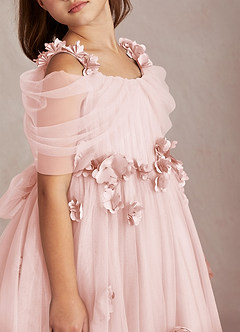 Azazie Shaylee Jurken voor bloemenmeisjes A-Lijn Jurk van Tule Off the Shoulder Blozend Roze image2