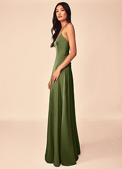 Azazie Mei Brautjungfernkleider A-Linie V-Hals Stretch-Satin Kleid Olivgrün image4