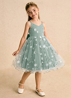 Azazie Junebug Blumenmädchenkleider Ballkleid Spaghetti Riemen Tüll Kleid Silberner Salbei image2