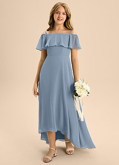 Azazie Maggie Junior A-Linie Schulterfrei Chiffon Kleid Staubblau image3