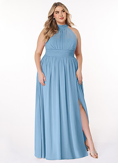 Azazie Iman Vestidos de damas de honor Vestido de Azul Acero de Gasa de Corte en A con Línea A fruncida image11
