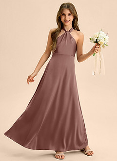 Azazie Beah Junior Espresso A-Line Pleated Stretch Satin Dress image5