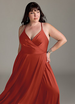 Azazie Davis Bridesmaid Dresses Rust A-Line Pleated Stretch Satin Dress image11