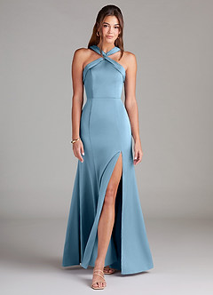 Azazie Rue Bridesmaid Dresses Steel Blue A-Line Pleated Stretch Satin Dress image3