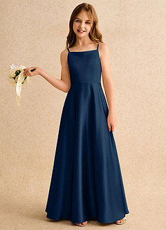 Azazie Joella Girls Formal Flower Girl Dresses Dark Navy A-Line Pleated Stretch Satin Dress image2